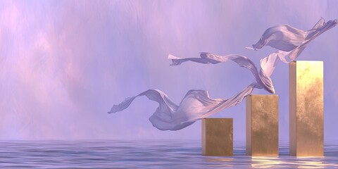 Soft, flowing fabrics ascend above golden blocks in a pastel, ethereal scene
