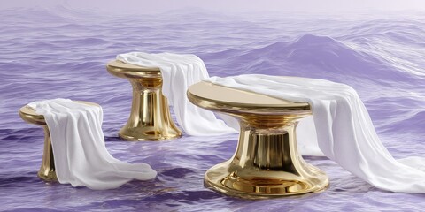 Three gold pedestal display stands draped with white fabric, set against a purple water background