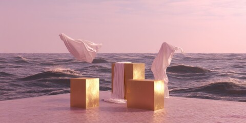 Golden cube pedestals with flowing white fabric over a sea at dawn