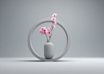Minimalist arrangement of pink blossoms in a gray vase, within a circular platform