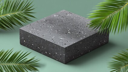 Gray speckled cube podium, surrounded by palm fronds on a mint backdrop