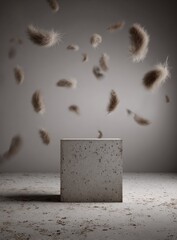 Empty cube pedestal with floating feathers