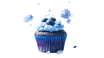 Magical levitating sapphire blueberry muffins with glowing sugar crystals isolated on white background 