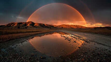 Vibrant Rainbow Arc Over Golden Sunset Landscape: Backlit Glow on Rolling Hills, Reflective Puddles Mirroring Colors, Uplifting Nature Scene Cinematic Lighting