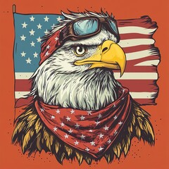 A cartoon depicts a bald eagle wearing a bandana and mullet, while the American flag is shown waving in the background.