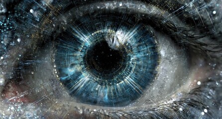 Close-up of an eye, digitally enhanced with swirling, golden-blue patterns and cosmic elements