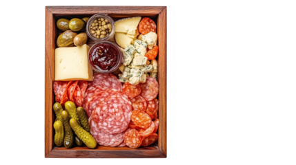 Mini charcuterie board with cured meats, soft cheeses, pickles, and fig jam in a wooden tray isolated on white background 