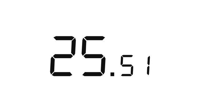 30.00 seconds digital countdown timer with large seconds and small milliseconds. Matte black digits on white background. Stopwatch-style timer for sports, games, and more.