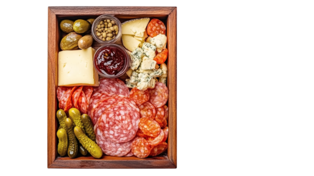 Mini charcuterie board with cured meats, soft cheeses, pickles, and fig jam in a wooden tray isolated on white background 