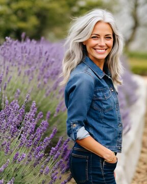 Smiling Mature Woman with Gray Hair Walking Through Lavender Field, Middle-Aged Female Enjoying Nature, Summer Day, Wellness, Slow Life, Natural Beauty and Tranquility, Vertical Video.