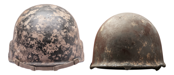 Military Helmets with Camouflage and Worn Texture for Display