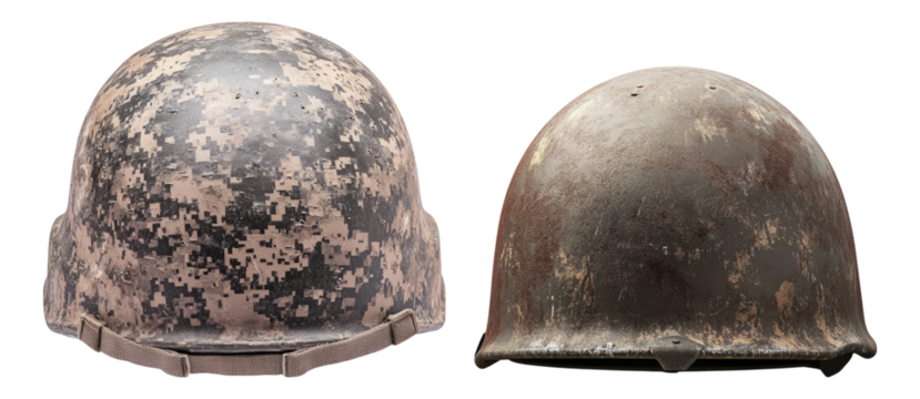 Military Helmets with Camouflage and Worn Texture for Display