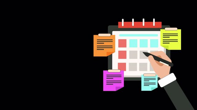Hand Marking Important Date on Calendar with Sticky Notes Animation. Transparent background