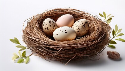 Fototapeta premium bird nest with speckled eggs on plain white isolated background