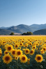 Fototapeta premium Vibrant sunflowers stretch across a sundrenched field toward distant mountains under a clear blue sky. Represents joy, summer, nature, and rural beauty.