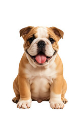 Fototapeta premium Sitting English Bulldog Puppy Smiling – Realistic Brown and White Dog on Transparent Background for Stickers and Kids Design