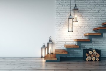 Wooden staircase with lanterns in a light-filled room