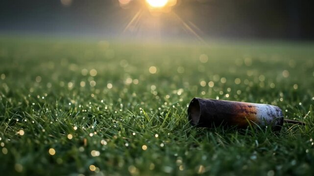 Burnt-out firework casing lies on dewy grass in the early morning light  
