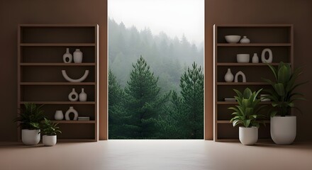 Minimalist Interior with Wooden Shelves and Misty Forest View Through Open Wall