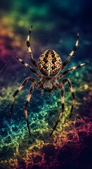 Orb weaver spider poised in vibrant web