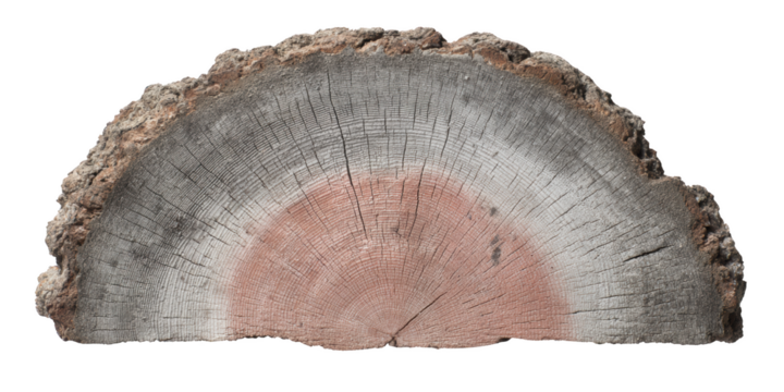 A detailed cross-section of a tree trunk reveals concentric rings and patterns, presenting a raw and rustic texture in a natural setting.