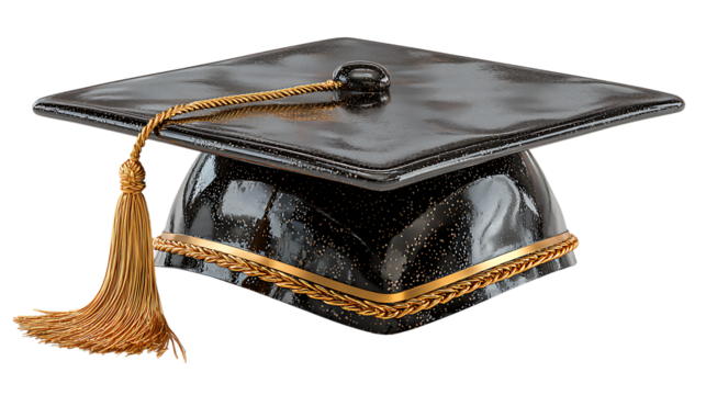 Shiny Black Graduation Mortarboard with Golden Tassel and Trim