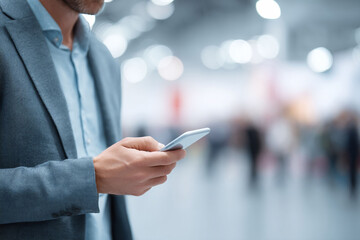 Closeup shot of a man in a suit using a smartphone, symbolizing modern business, communication, and connectivity. Great for illustrating technology, networking, and mobile lifestyle.