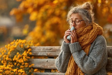 A woman using an inhaler during an asthma attack in a public place. People and urban setting in background.