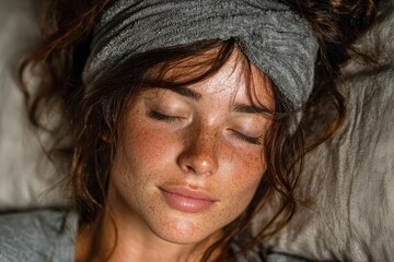 A woman suffering from a migraine is depicted lying down in a dimly-lit room. The focus is on her discomfort and pain.