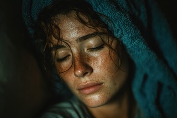 An image of a woman experiencing a migraine in a darkened room. Woman is holding her head in pain, with dim lighting creating a somber atmosphere.