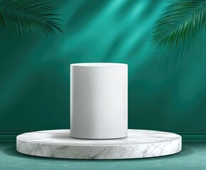 White cylinder pedestal on a marble platform, teal backdrop with tropical foliage