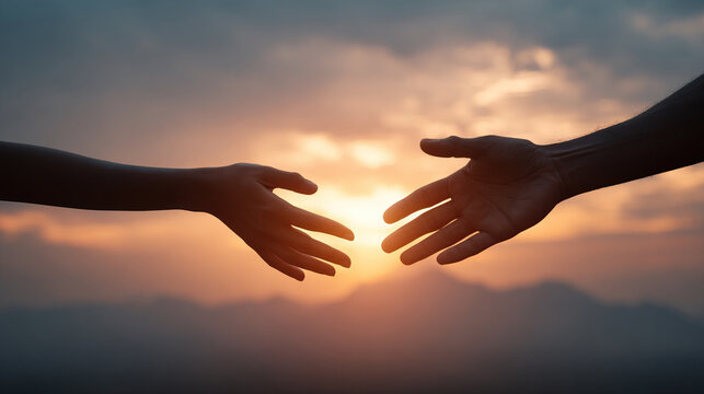 Silhouette God hands reaching out to help another hand in background of mountains and sunset