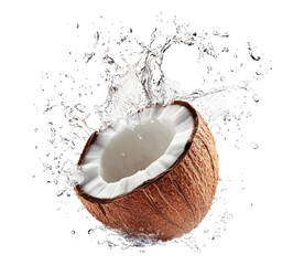 Coconut Half Splashing Water Against Black Background Image Isolated Transparent Background