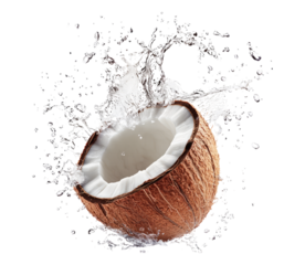 Coconut Half Splashing Water Against Black Background Image Isolated Transparent Background