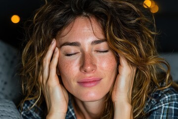 A woman with a migraine lying down in a dimly lit room. She appears to be in discomfort and seeking relief.