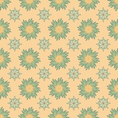 Green floral bursts on a pale yellow background with repeating symmetry. A fresh, nature-inspired pattern perfect for spring decor and light textiles.