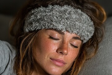 A woman experiencing a migraine in a darkened room. She is holding her head in pain. Only minimal light illuminates the room, adding to the atmosphere.