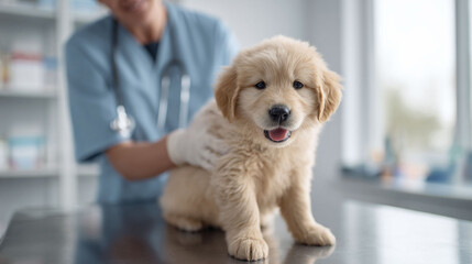 A fluffy golden puppy sits calmly on a vet exam table being examined. Health, care, and compassion concept. For pet care or veterinary campaigns.