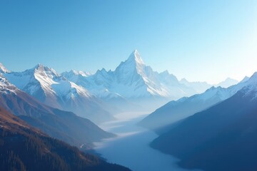 Panoramic view of snow-capped Himalayas during golden hour with clear blue sky, majestic mountains, and serene natural beauty – high-resolution 8K professional photography