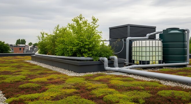 Realistic close-up of a modern rainwater harvesting system connected to a green roof on an eco building