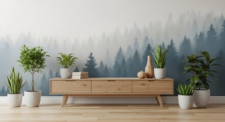 Minimalist Interior with Natural Wood and Potted Plants Overlooking Dreamlike Misty Pine Forest

