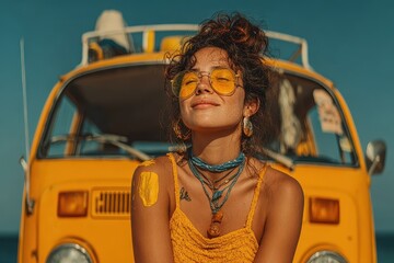 A young adult woman standing beside a camper van on a bright sunny day. No other visible elements in the image.