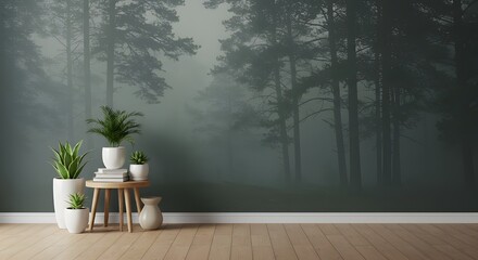 Minimalist Interior with Natural Wood and Potted Plants Overlooking Dreamlike Misty Pine Forest

