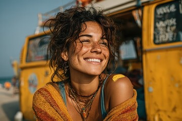 A young adult woman standing by a camper van in a scenic outdoor setting. The woman is the central focus of the image.