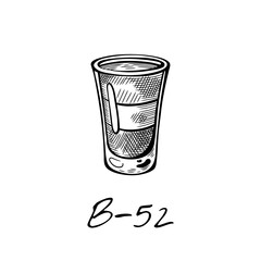 Vintage hand-drawn vector illustration of B-52 layered shot cocktail in cordial glass. Retro bar sketch perfect for menu design, nightlife blog, or alcohol packaging.