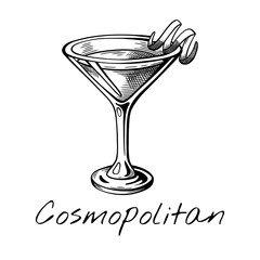 Hand-drawn vector illustration of Cosmopolitan cocktail with citrus garnish in martini glass. Elegant retro sketch for bar menu, party design, or mixology content.