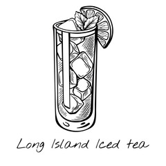 Vintage hand-drawn vector of Long Island Iced Tea cocktail in highball glass with lemon slice and ice. Perfect for bar menu, summer drinks, or strong party cocktails.