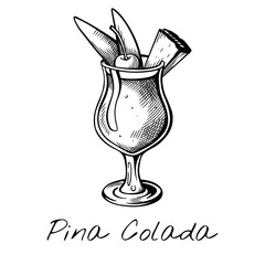 Vintage hand-drawn vector of Piña Colada cocktail in hurricane glass with pineapple, cherry and tropical garnish. Perfect for summer, bar menu or exotic drink themes