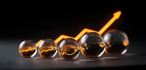 Transparent spheres arranged in a rising line graphic, against a dark background with an upward-trending orange line