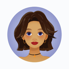 Stylish Girl Portrait – Brunette Hair.  Brown hair. Vector illustration. EPS